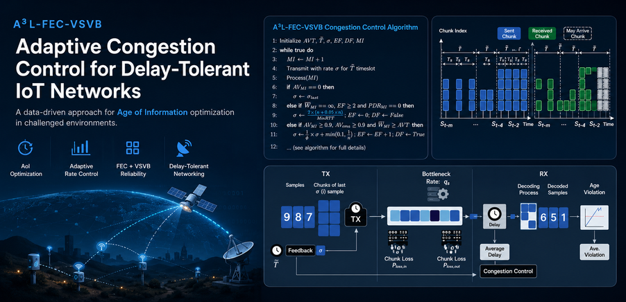 A³L-FEC-VSVB adaptive congestion control overview: TX, bottleneck, RX, decoding, age violation, and the VSVB algorithm.