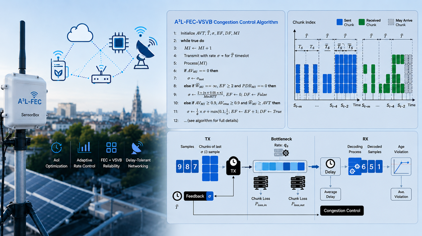 A³L-FEC-VSVB adaptive congestion control with sensor node, TX/RX pipeline and the VSVB algorithm.